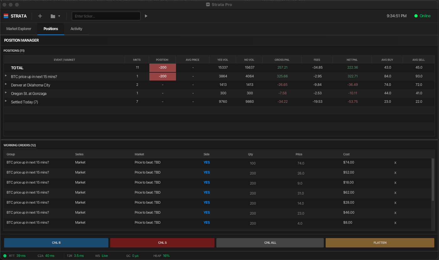Strata Pro Position Manager showing P&L tracking, working orders, and bulk order management